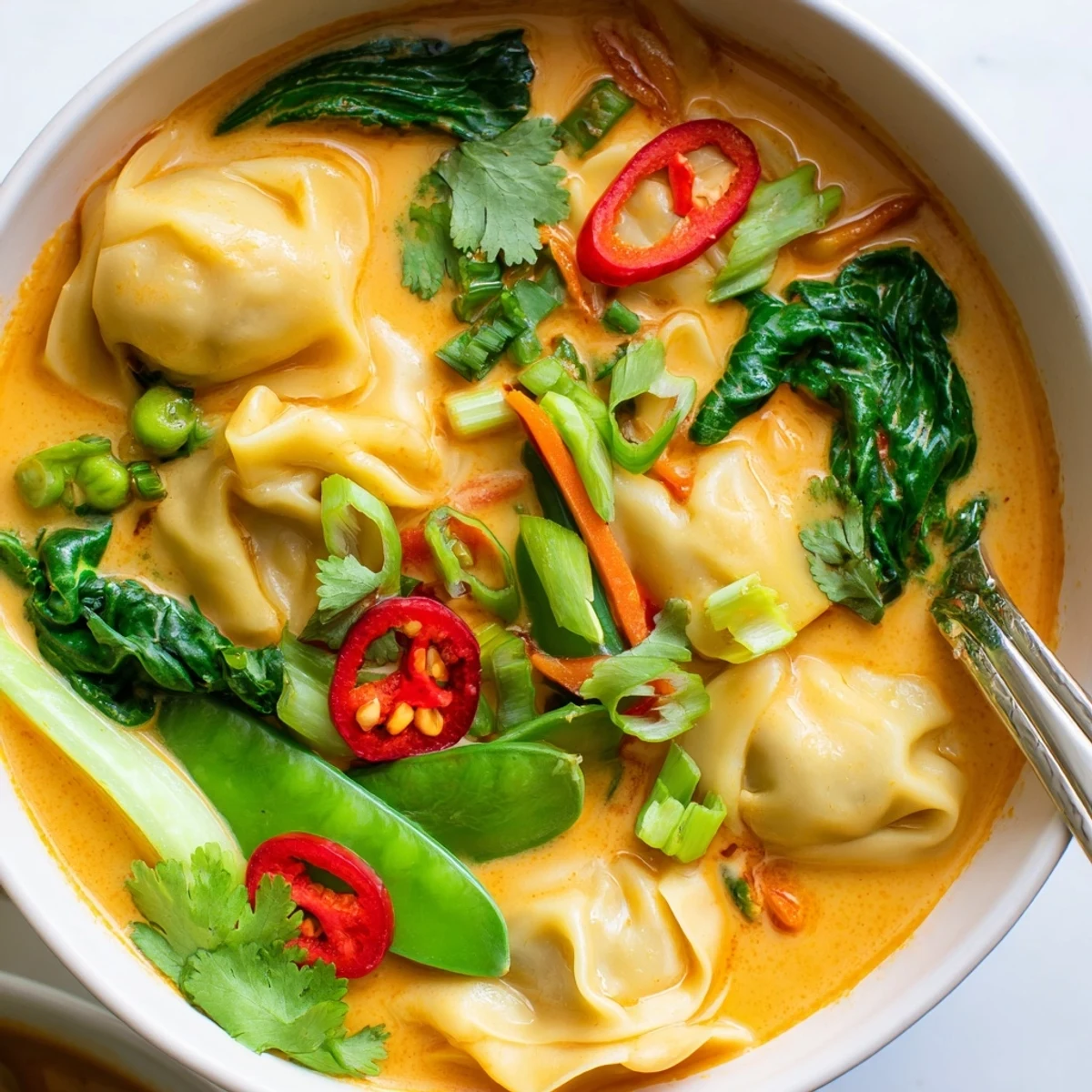 This comforting Red Curry Wonton Soup With Greens features vibrant green spinach and julienned carrots simmering in a creamy, aromatic red curry broth, ready to serve hot.