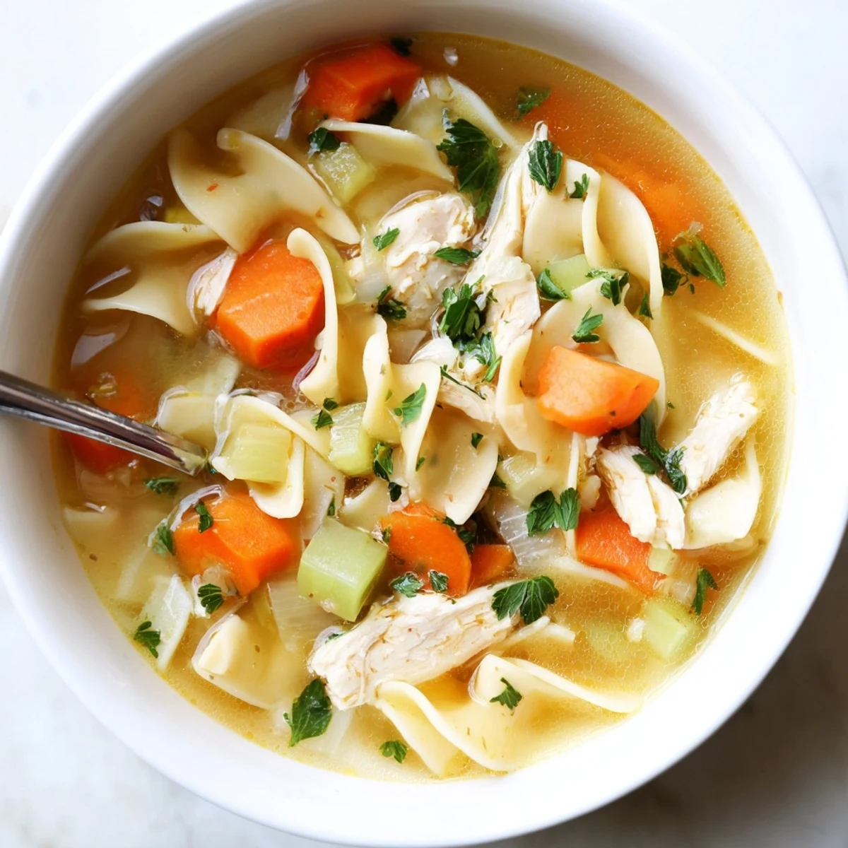 A steaming bowl of Instant Pot Chicken Noodle Soup with tender shredded chicken, carrots, and egg noodles in a savory broth.  