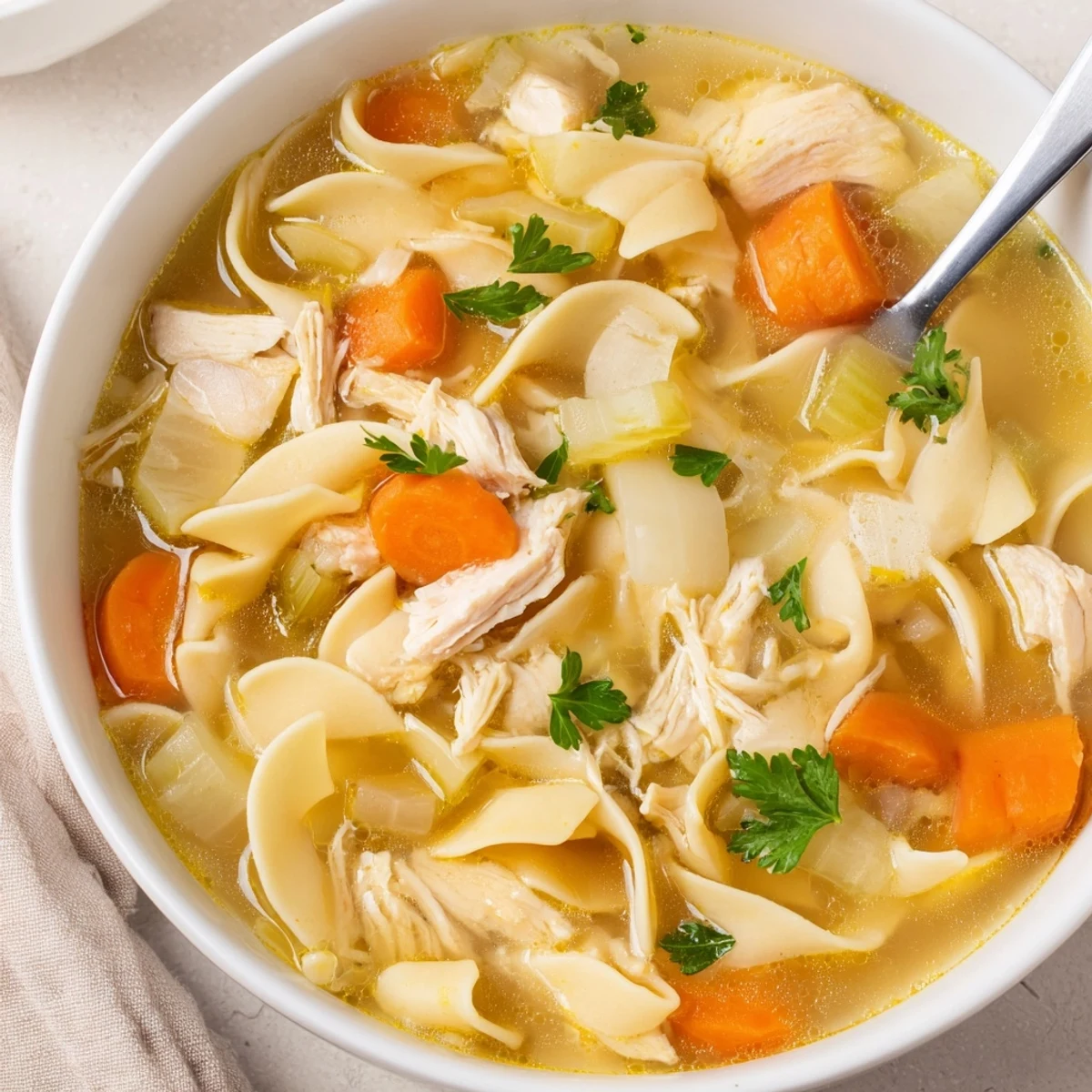 Instant Pot Chicken Noodle Soup served in a rustic white bowl, garnished with fresh parsley and accompanied by a crusty bread slice.  