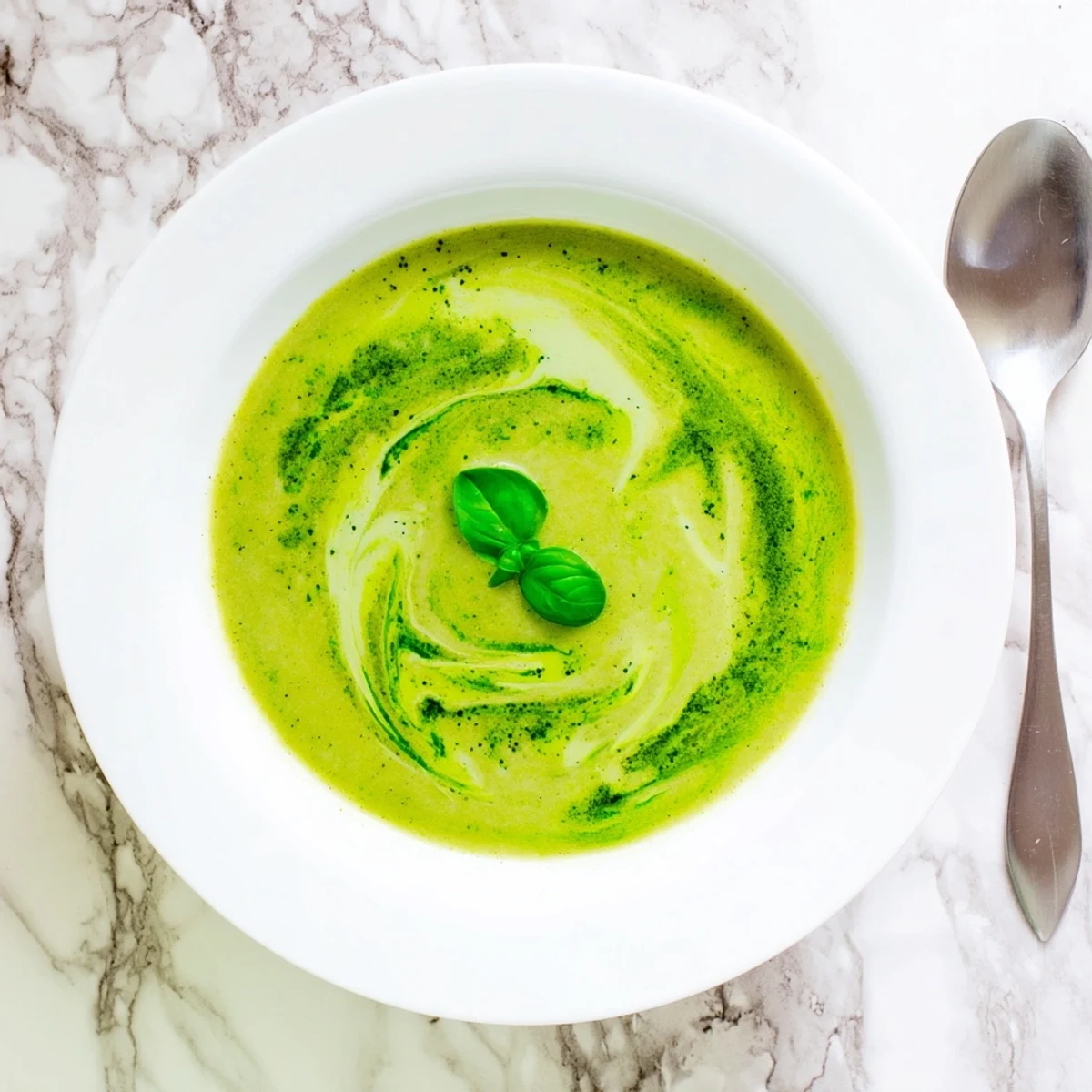 Freshly prepared Courgette, Pea and Pesto Soup in a glass jar, showcasing the vivid green hue and silky texture for a healthy vegetarian meal.