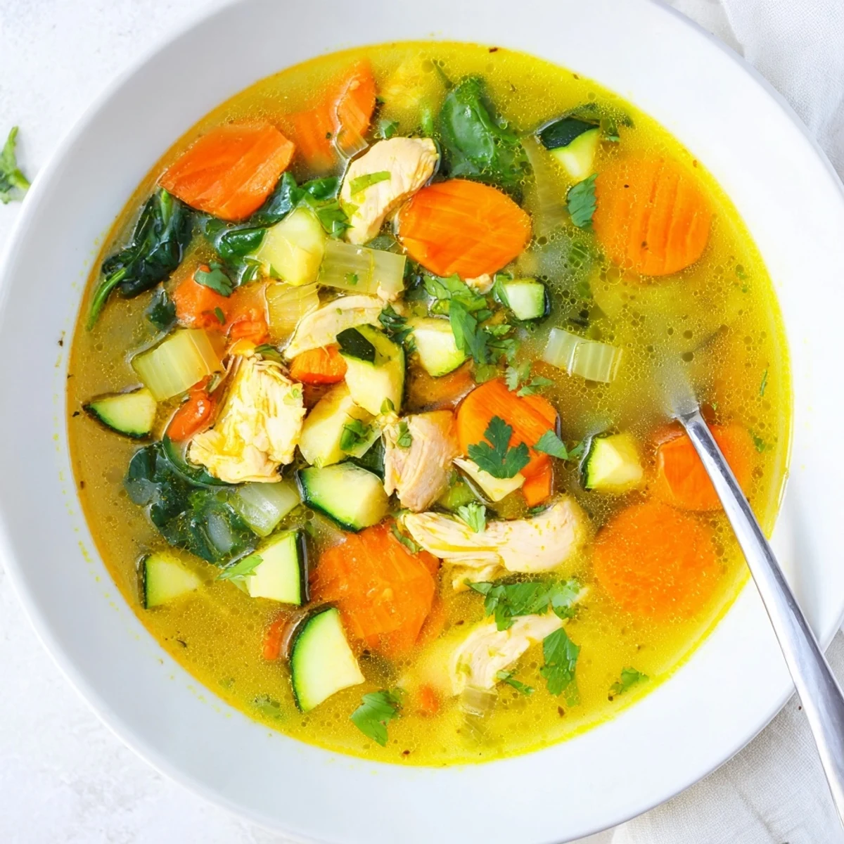 A steaming bowl of golden Turmeric Chicken Soup with tender chicken and fresh cilantro garnish.