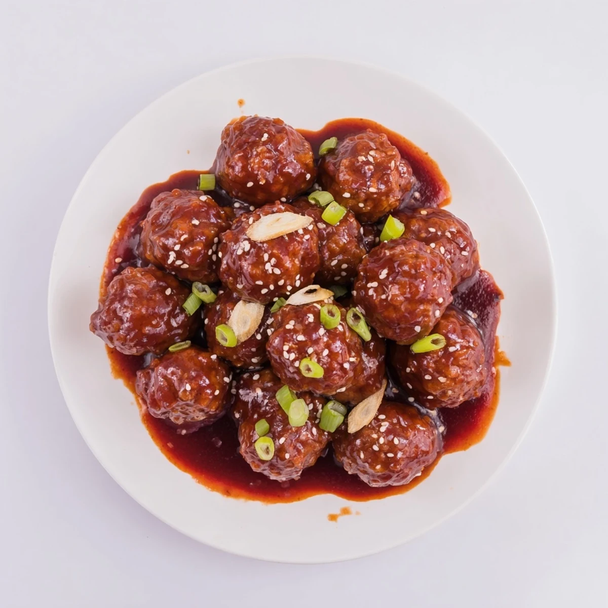 Party platter of Easy Sweet and Sour Crock Pot Meatballs with toothpicks, garnished with sesame seeds on a white serving dish.