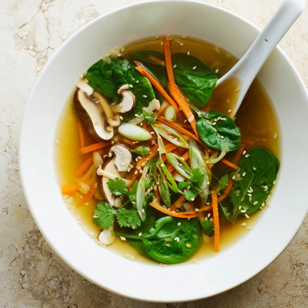 A warm bowl of Miso Ginger Winter Soup with julienned carrots, shiitake mushrooms, and wilted spinach.