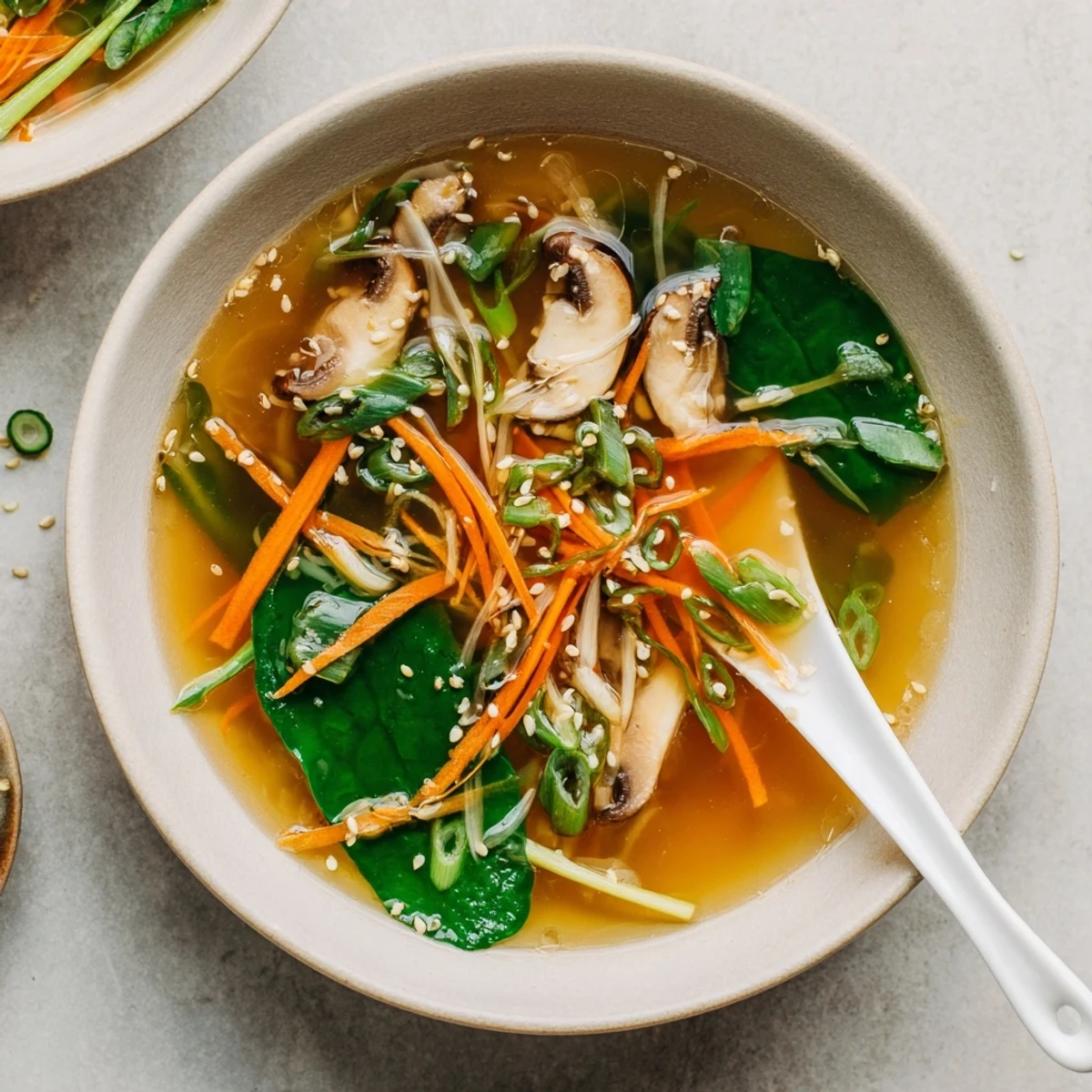 Garnished with sesame seeds and cilantro, this light Japanese-inspired soup simmers in a rustic kitchen.