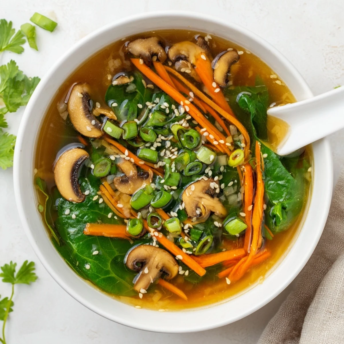 Restorative and vegan, Miso Ginger Winter Soup is topped with chili oil for a gentle, warming heat.