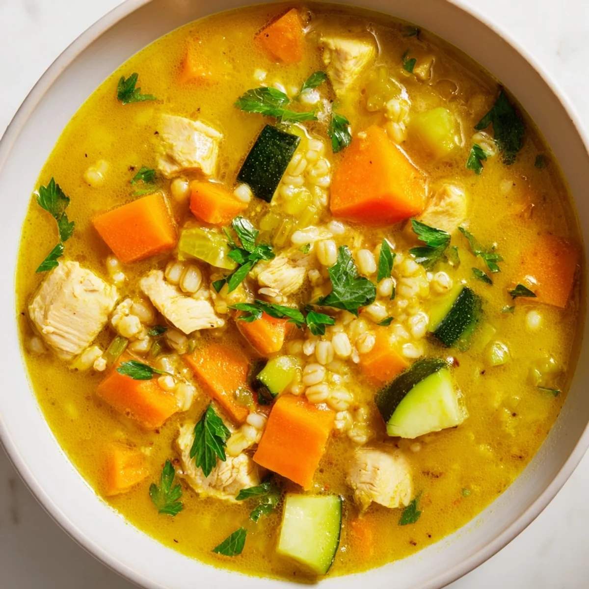 A bowl of golden Soothing Turmeric Chicken With Pearl Barley soup garnished with fresh parsley, steaming on a rustic wooden table.
