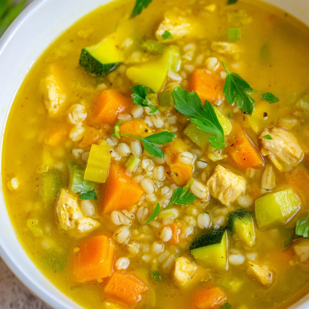Close-up of tender chicken and pearl barley in a golden, savory broth for Soothing Turmeric Chicken With Pearl Barley soup.