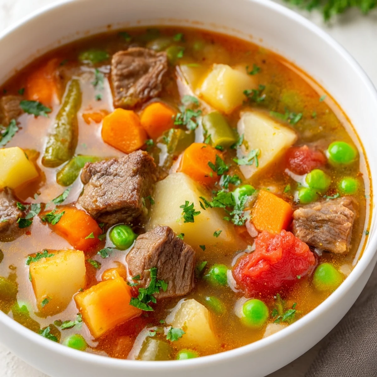 Hearty beef and vegetable soup with tender beef chunks and root vegetables, garnished with parsley in a rustic bowl.