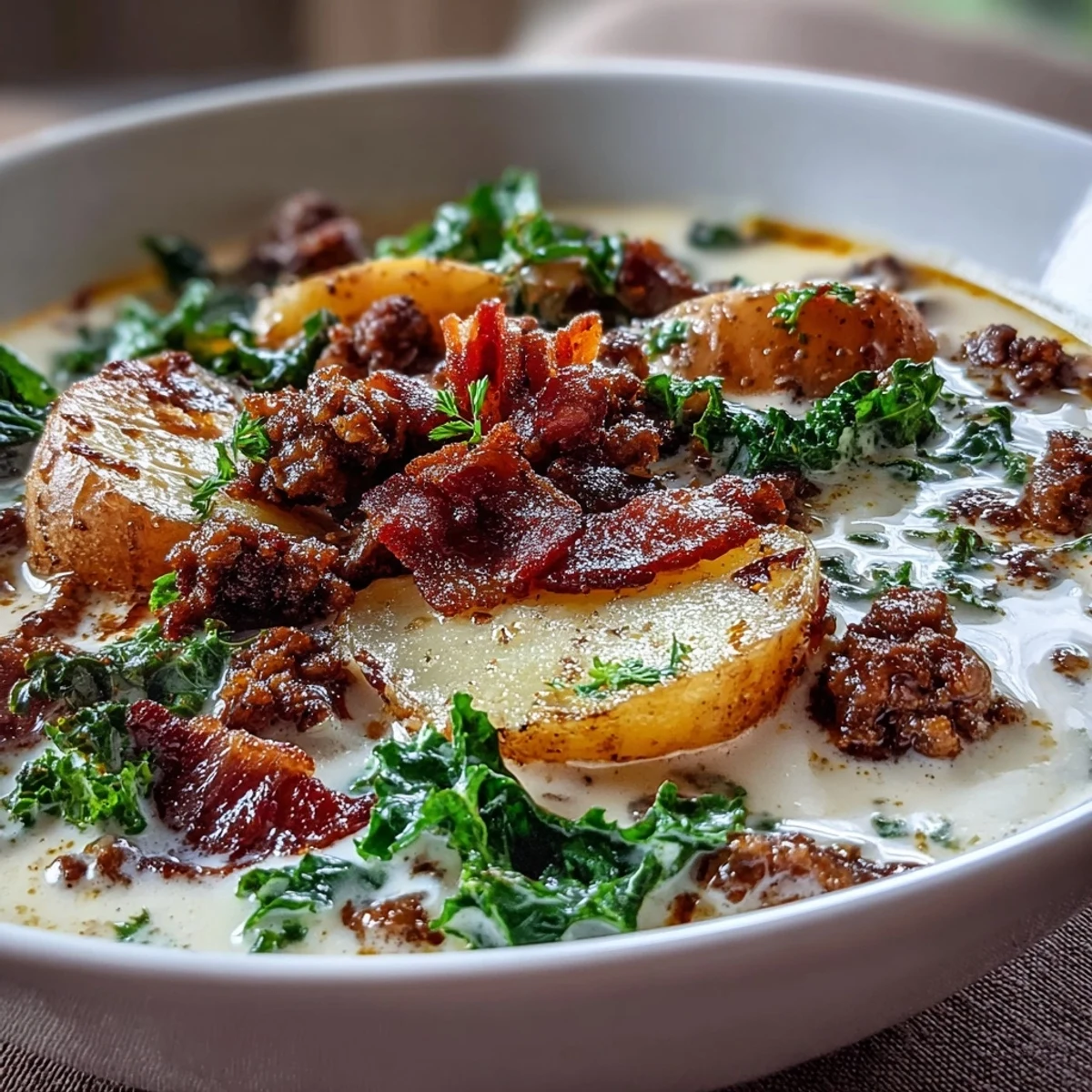 A steaming bowl of Italian Sausage Soup showcases crumbled sausage, crispy bacon, tender potato slices, and vibrant green kale in a creamy broth.