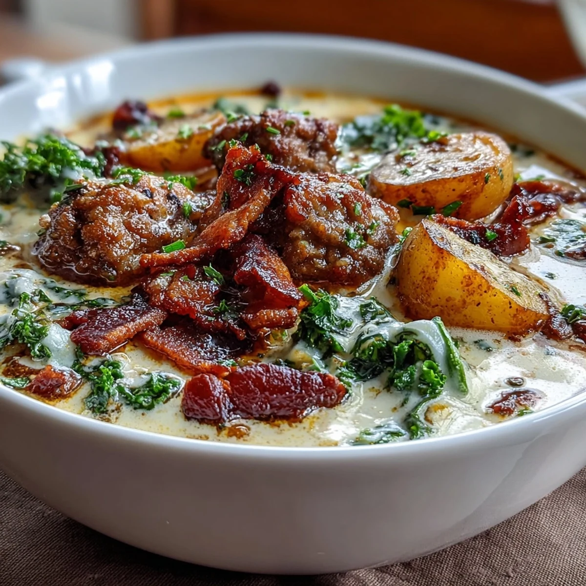 Close-up of Italian Sausage Soup featuring savory sausage crumbles, translucent onions, soft potatoes, and wilted kale in rich, creamy broth.