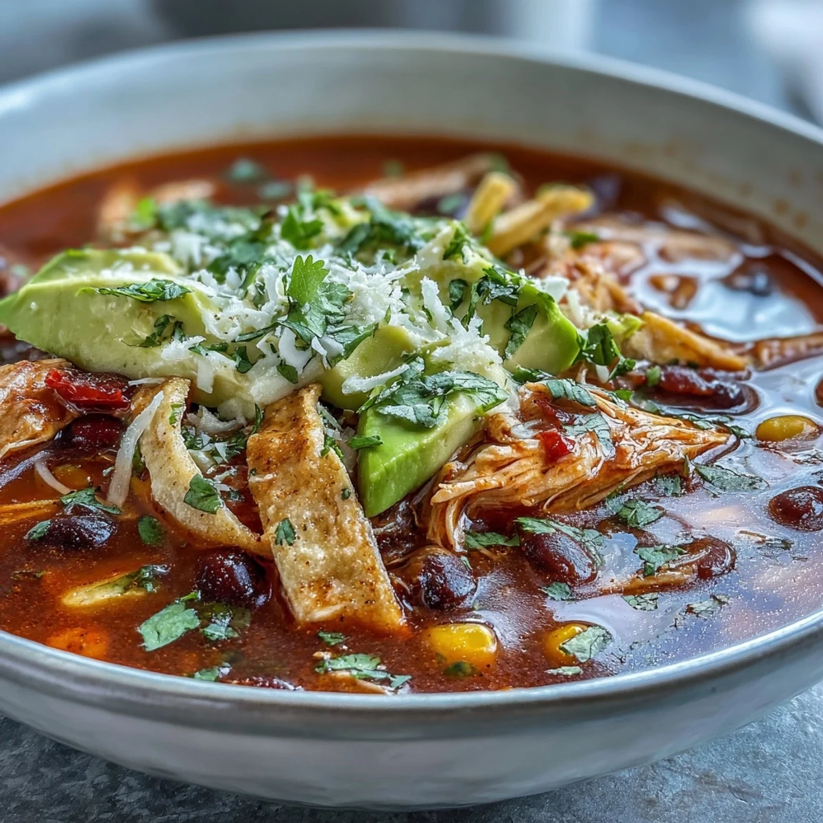 A close-up of Instant Pot Chicken Tortilla Soup with tender shredded chicken, black beans, and bright corn kernels topped with avocado slices and crispy tortilla strips.
