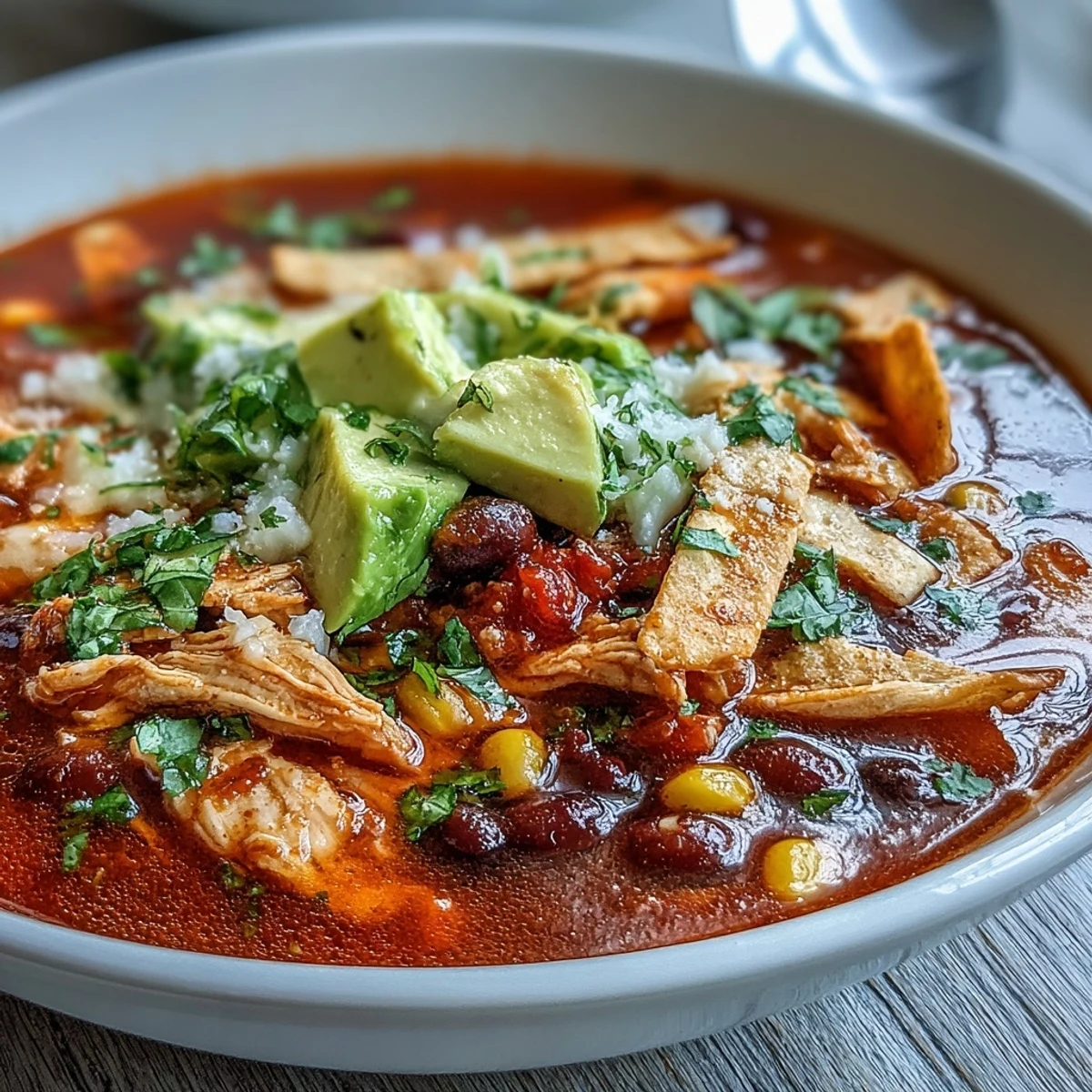 Instant Pot Chicken Tortilla Soup in a rustic bowl, garnished with cilantro, shredded cheese, and a lime wedge for a zesty serving suggestion.