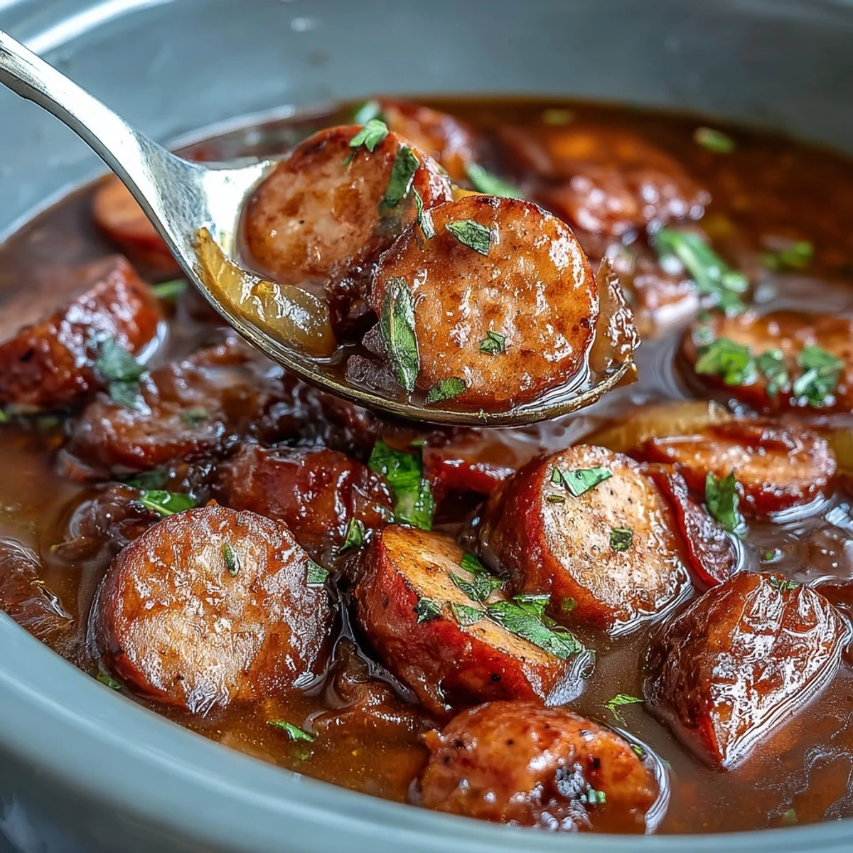 Thick, smoky broth with tender cocktail sausages, diced red peppers, and onions in Crock Pot BBQ Cocktail Sausage Soup.  