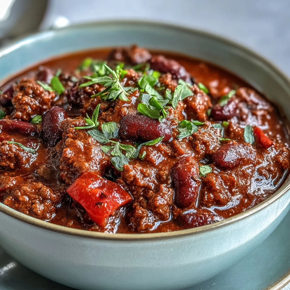 Steaming Slow Cooker Chili with ground beef and kidney beans in a rustic bowl, ready to serve.