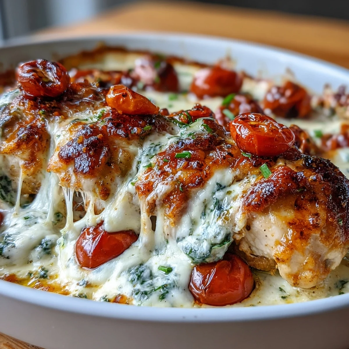 Freshly baked High Protein Chicken Bake emerging from the oven, featuring juicy chicken breasts topped with creamy Greek yogurt, wilted spinach, and vibrant cherry tomatoes.  