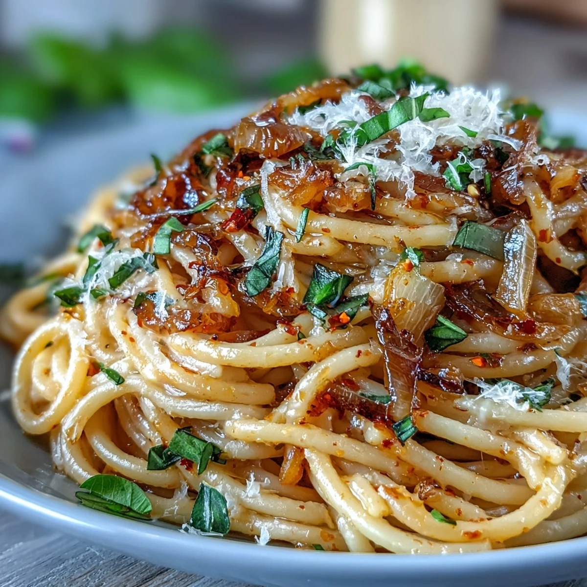 Caramelized Onion Pasta with Chili Oil is served in a skillet, topped with fresh basil and grated Parmesan cheese.