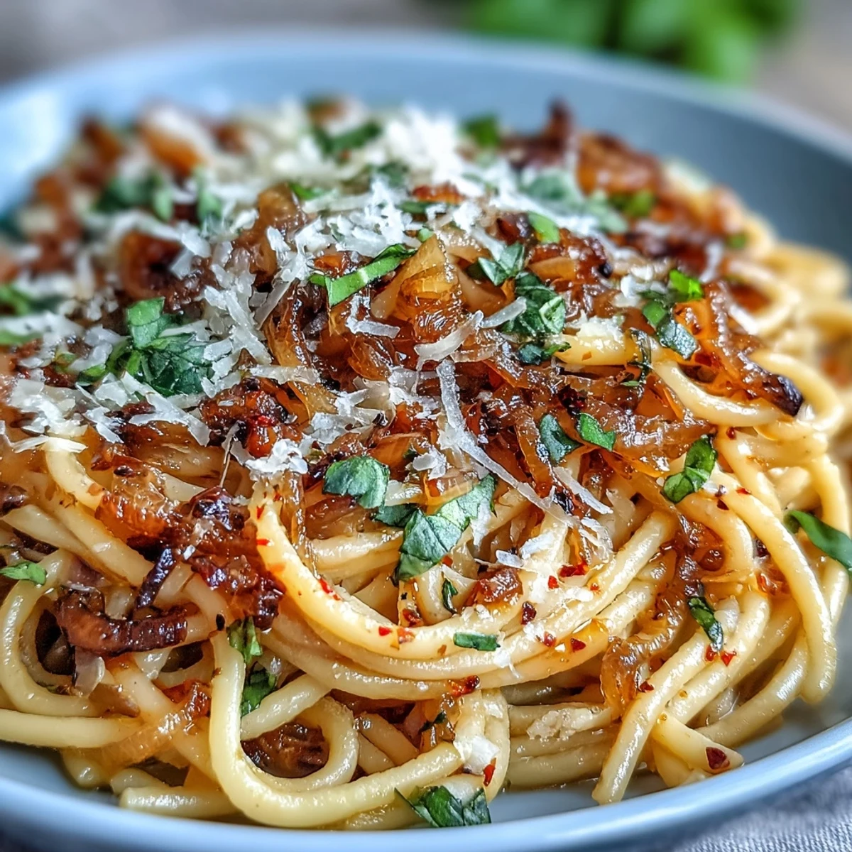 Forkful of Caramelized Onion Pasta with Chili Oil, showcasing glossy noodles and deep golden onions with a drizzle of chili oil.