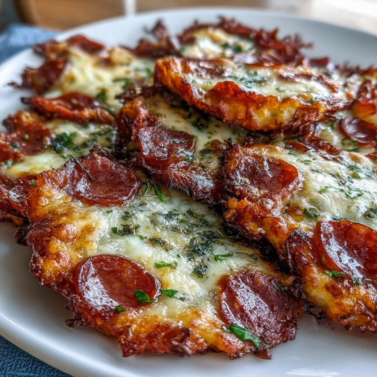 Crispy homemade Pepperoni Cheese Crisps garnished with fresh parsley, perfect for game day snacking.