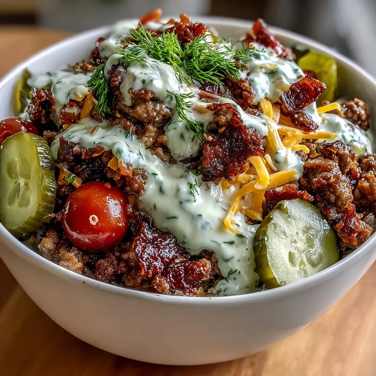 A bowl of High-Protein Cheeseburger Bowls with seasoned ground beef, crisp lettuce, cherry tomatoes, pickles, and shredded cheddar cheese.