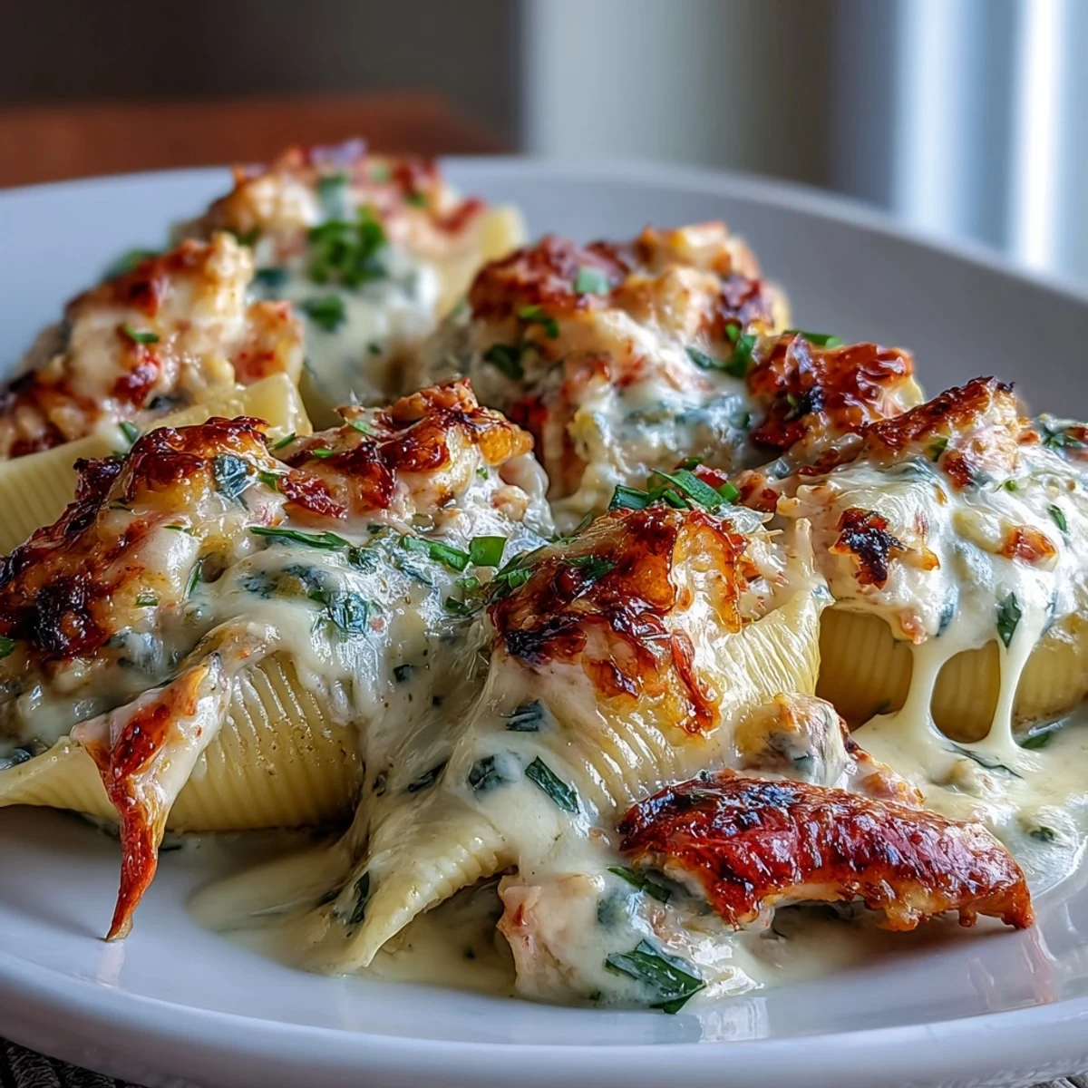 Golden-brown Creamy Seafood Stuffed Shells fresh from the oven, filled with lobster and crab and drizzled with rich Parmesan sauce.
