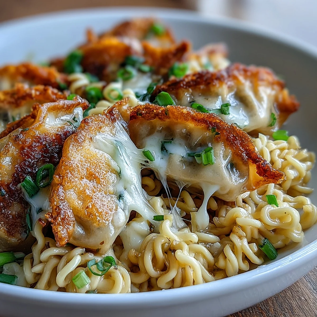 Steam rises from this comforting Dumpling Ramen Bake, revealing chewy noodles, plump dumplings, and a glossy sauce in a rustic baking dish.