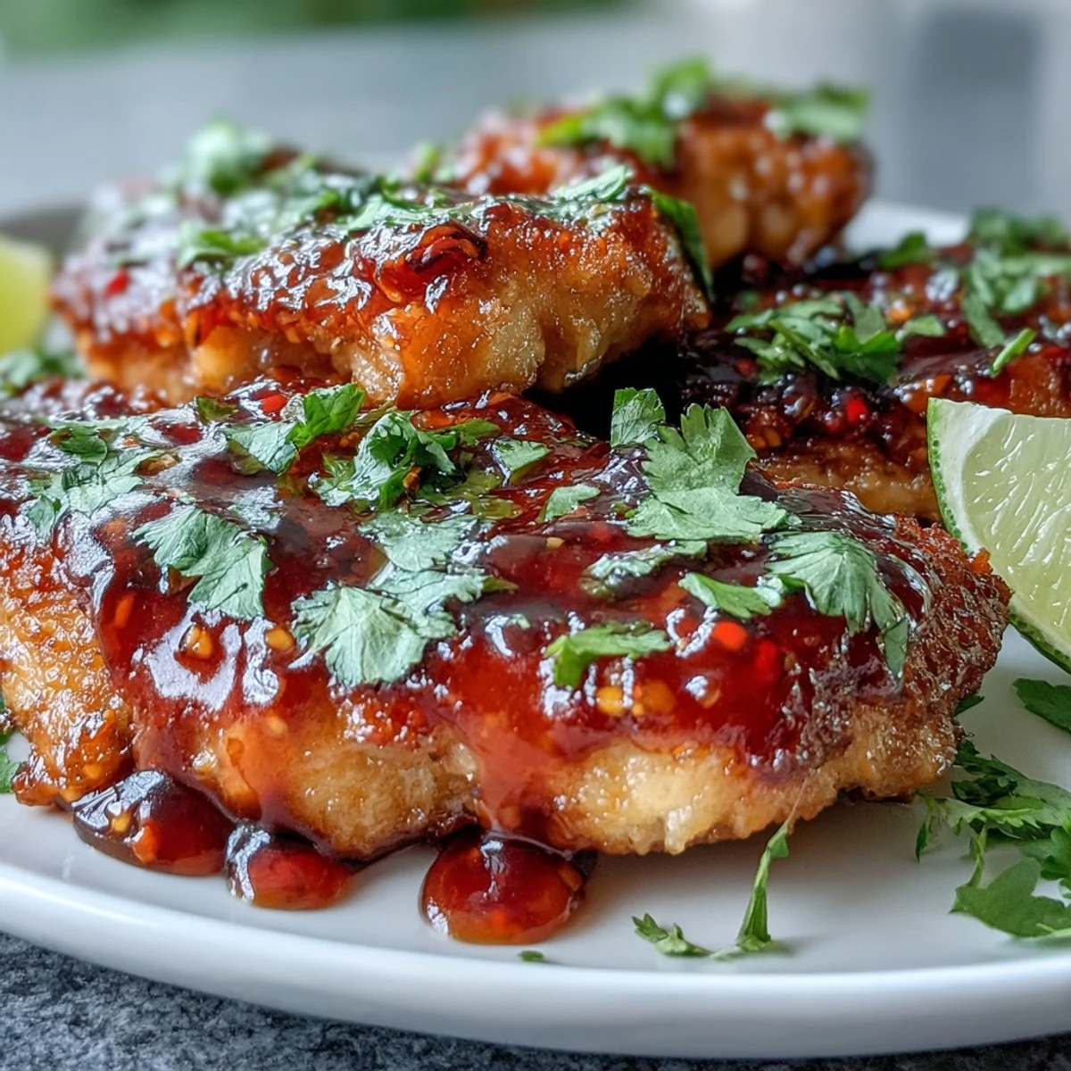 Juicy Thai Sweet Chili Chicken glazed in a glossy, tangy sauce sits on a plate, garnished with fresh green onions and lime wedges.