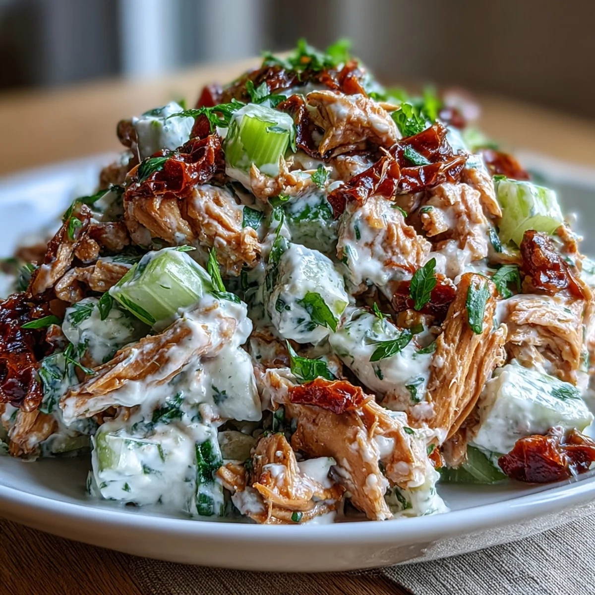 Bright yellow sun-dried tomato chicken salad with celery and red onion in a ceramic bowl, ready for a sandwich.