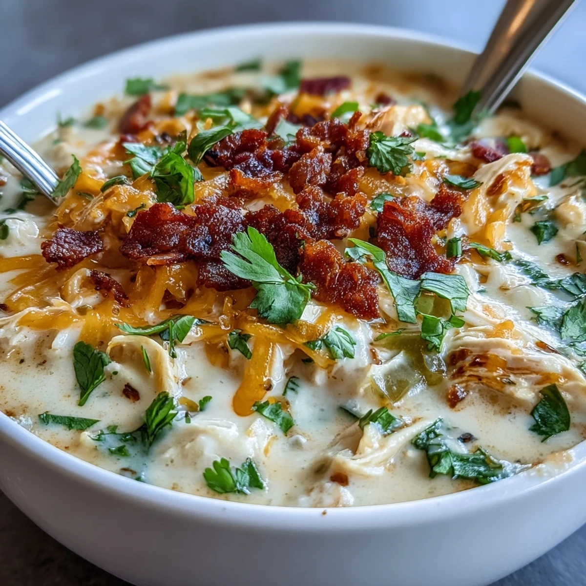 Creamy Spicy Jalapeño Popper Chicken Soup in a rustic bowl, topped with crumbled bacon and fresh cilantro, steaming gently.