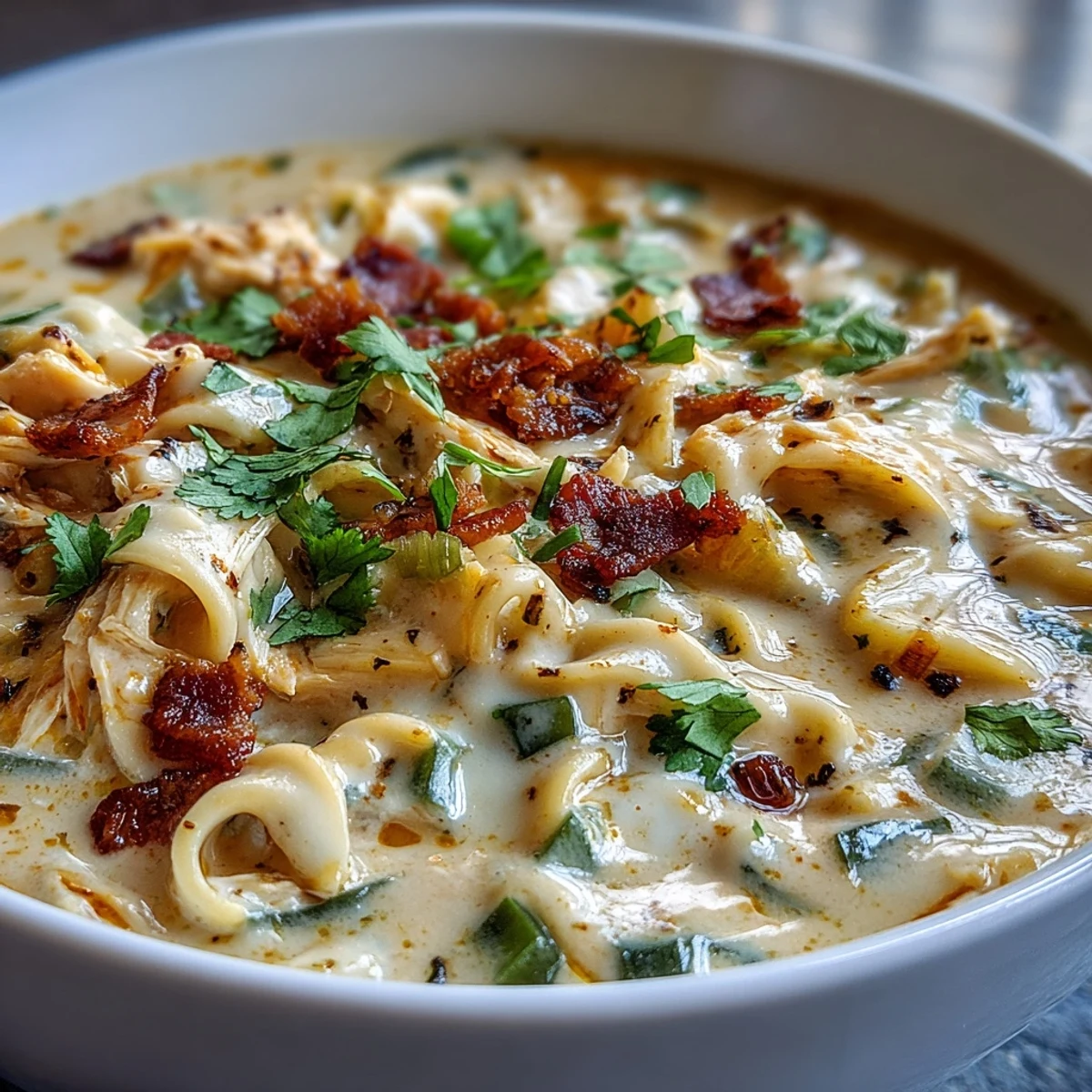 Serving Spicy Jalapeño Popper Chicken Soup in a cozy kitchen, with a side of tortilla chips for dipping.