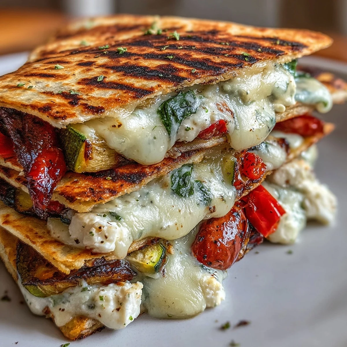 Golden-brown grilled Mediterranean veggie quesadilla wedges, filled with zucchini, peppers, and melted feta.