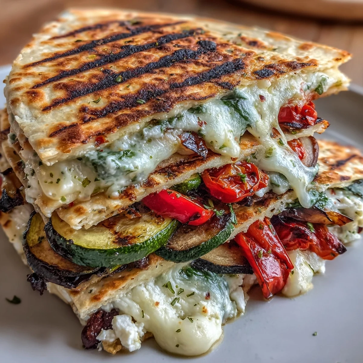 Grilled Mediterranean Veggie Quesadillas with smoky vegetables, mozzarella, and fresh herbs on a plate.