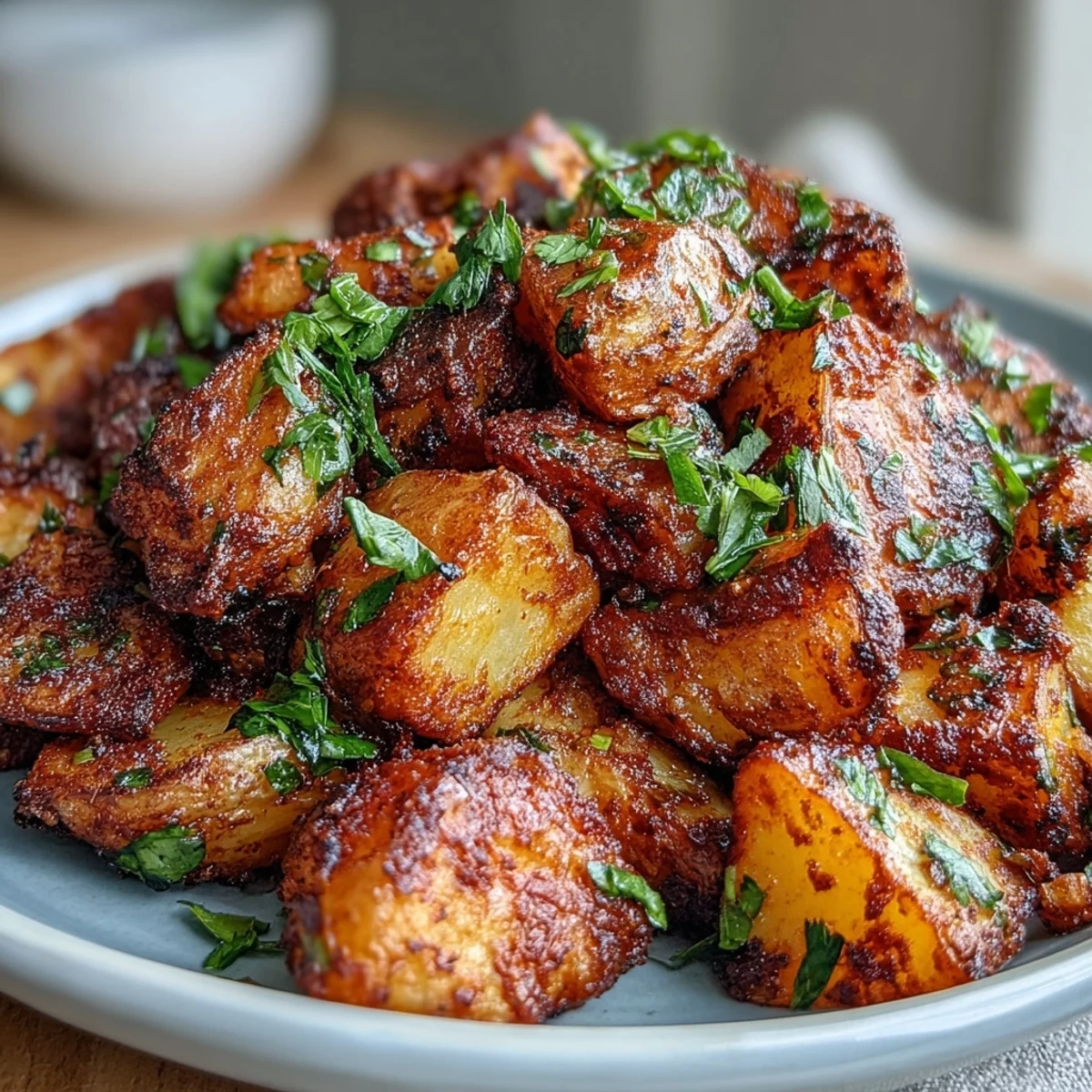 Spicy Mexican-Style Street Potatoes served hot in a skillet, with a vibrant drizzle of lime juice.