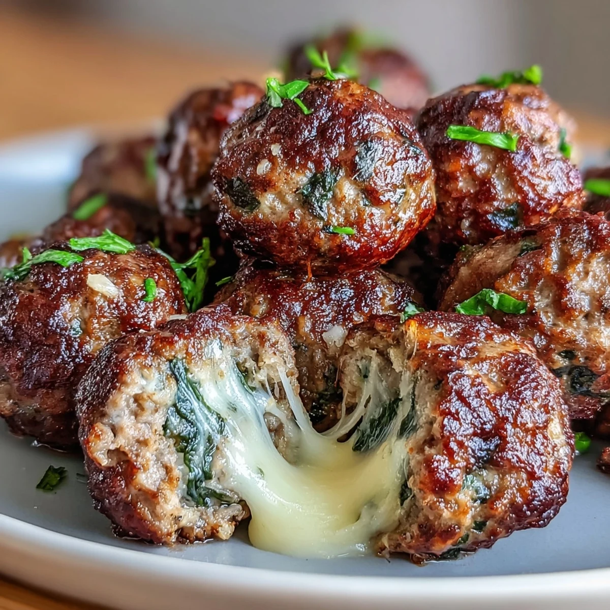 Freshly baked spinach garlic meatballs filled with melted mozzarella on a rustic wooden board.  
