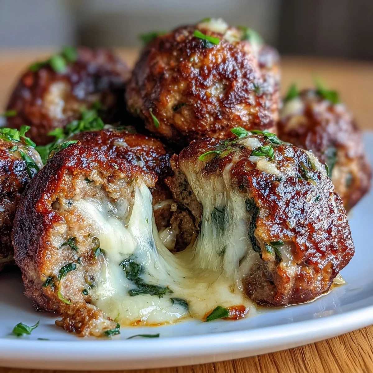 Golden brown spinach garlic meatballs served with spaghetti and marinara sauce in a white bowl.  