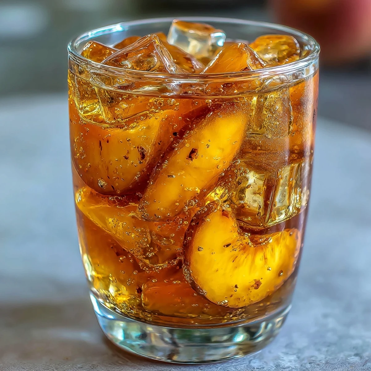 A glass of vibrant mango iced tea, filled with ice cubes and garnished with fresh mango slices and a mint sprig.  