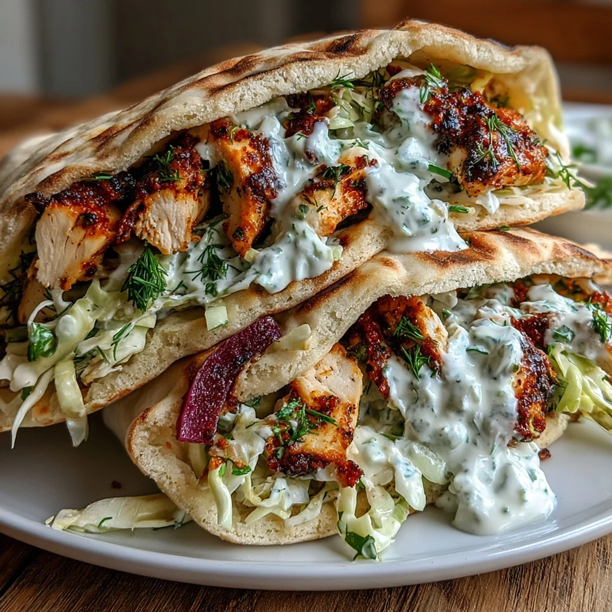 Golden spiced chicken nestled inside warm, pillowy pita bread, layered with a vibrant ranch slaw and fresh herbs.