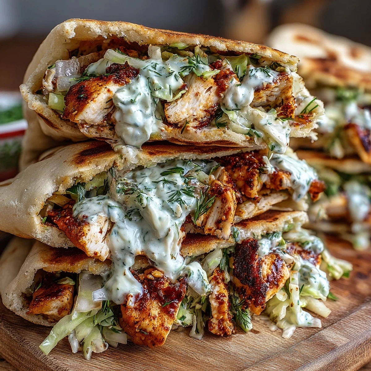 Tender cumin-spiced chicken tucked in warm pita with creamy dill-flecked slaw, sliced cucumber, and ripe tomatoes.