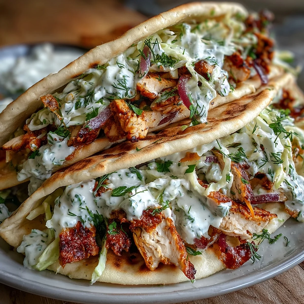 Juicy grilled chicken and crisp herby ranch slaw stuffed into soft pita pockets, ready for a satisfying bite.