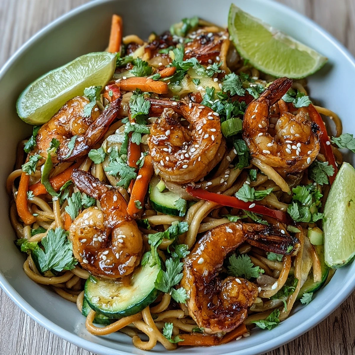 Vibrant 15-Minute Asian Noodle Bowl brimming with juicy grilled shrimp.