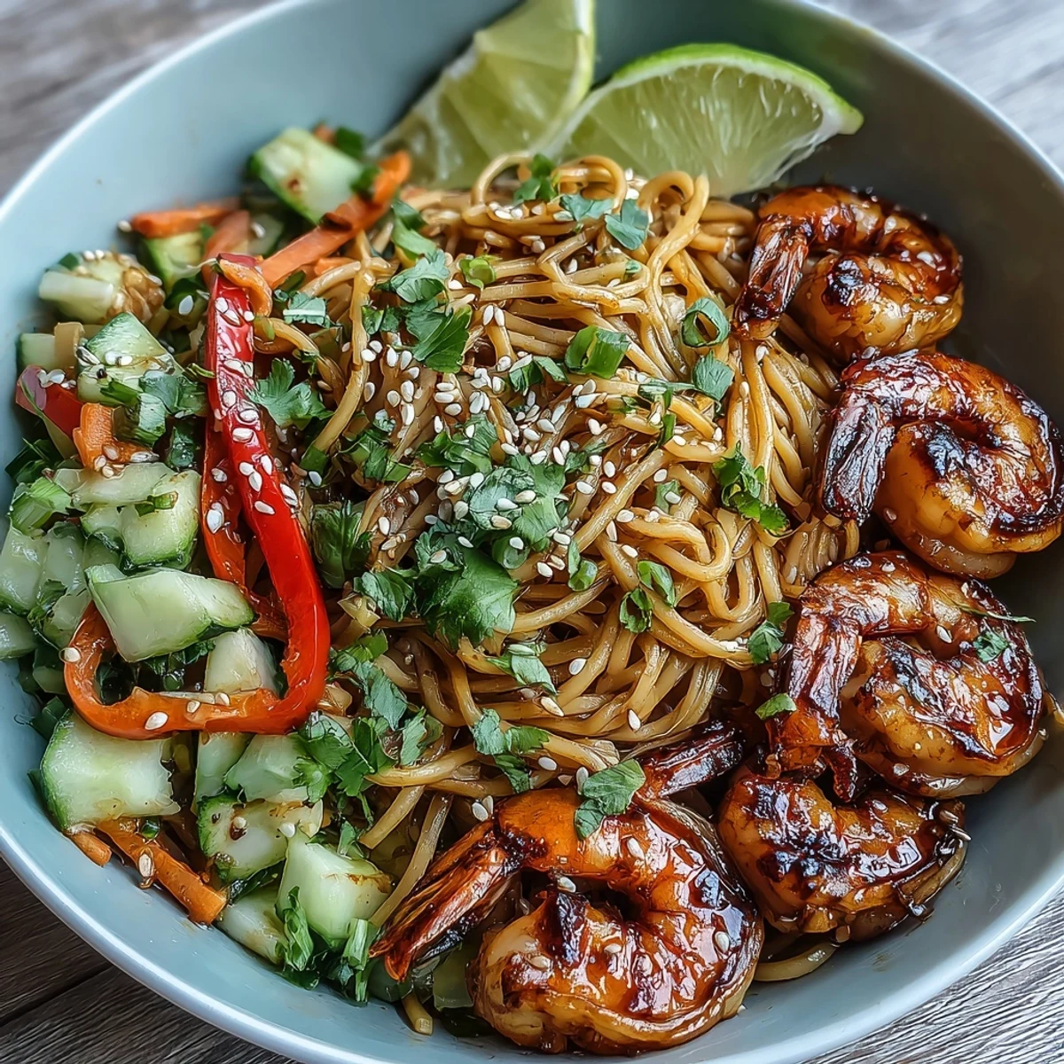 Colorful 15-Minute Asian Noodle Bowl showcasing savory grilled shrimp over sesame noodles.
