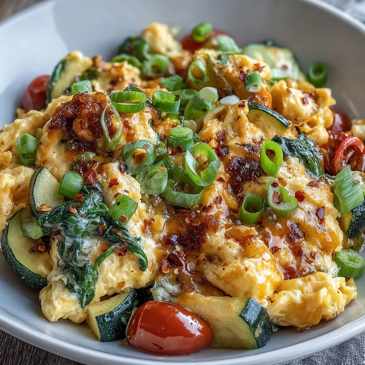 Fluffy scrambled eggs and vibrant veggies crowning a hearty scramble egg and veggie bowl.