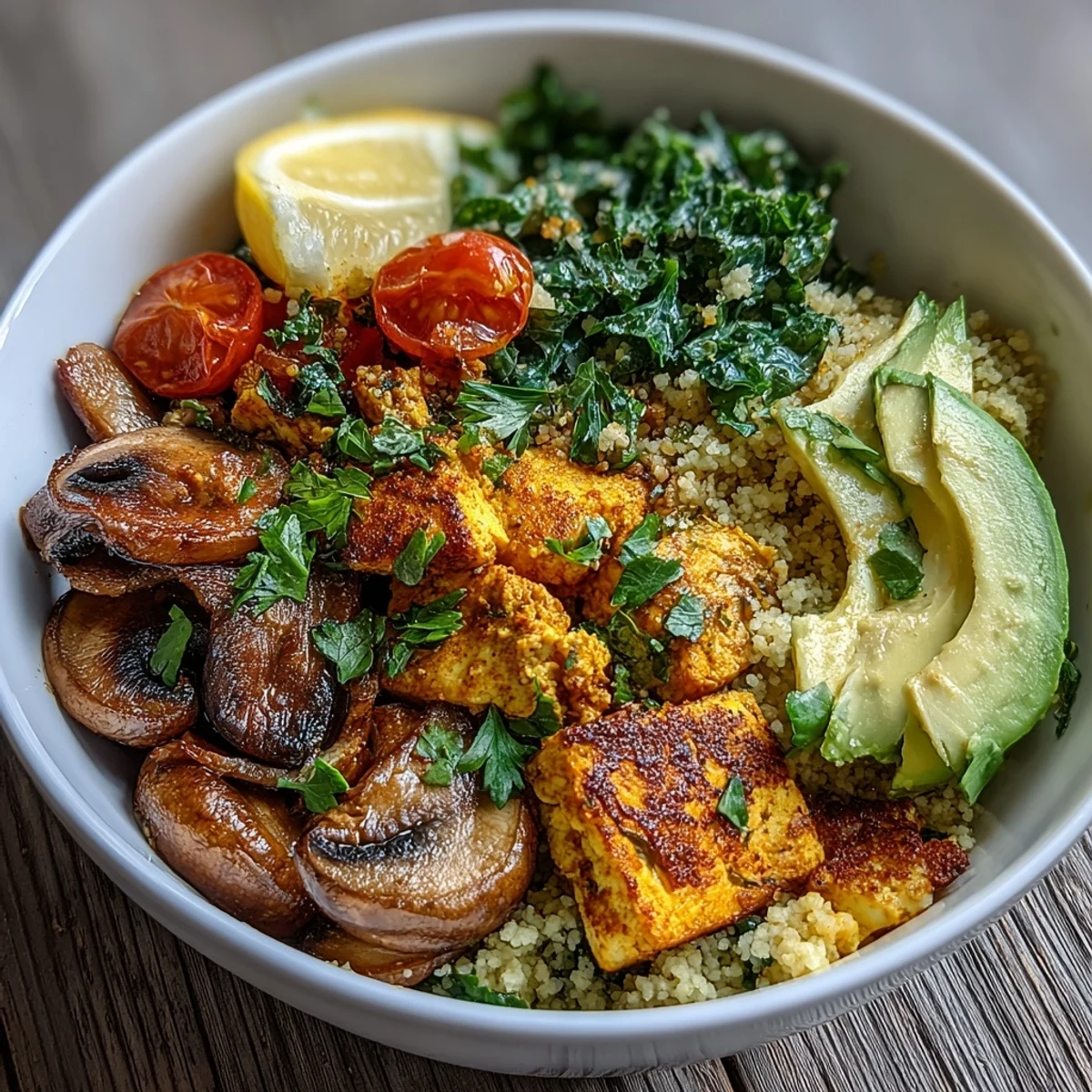 Savory scrambled tofu breakfast bowl with mushrooms and kale, hearty and delicious.