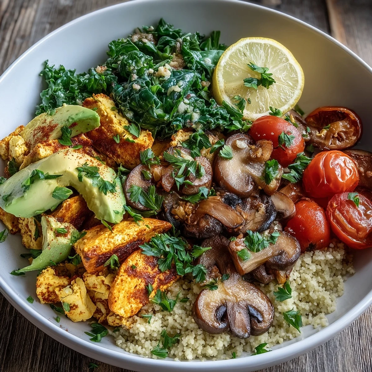 Hearty scrambled tofu breakfast bowl, topped with garlicky mushrooms and vibrant kale.
