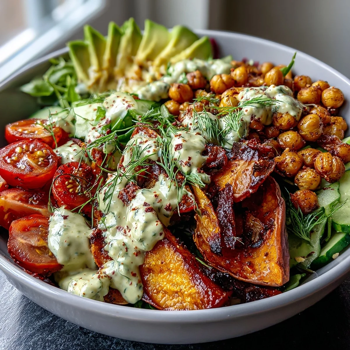Vibrant Breakfast Buddha Bowl with roasted sweet potatoes and creamy tahini dressing.