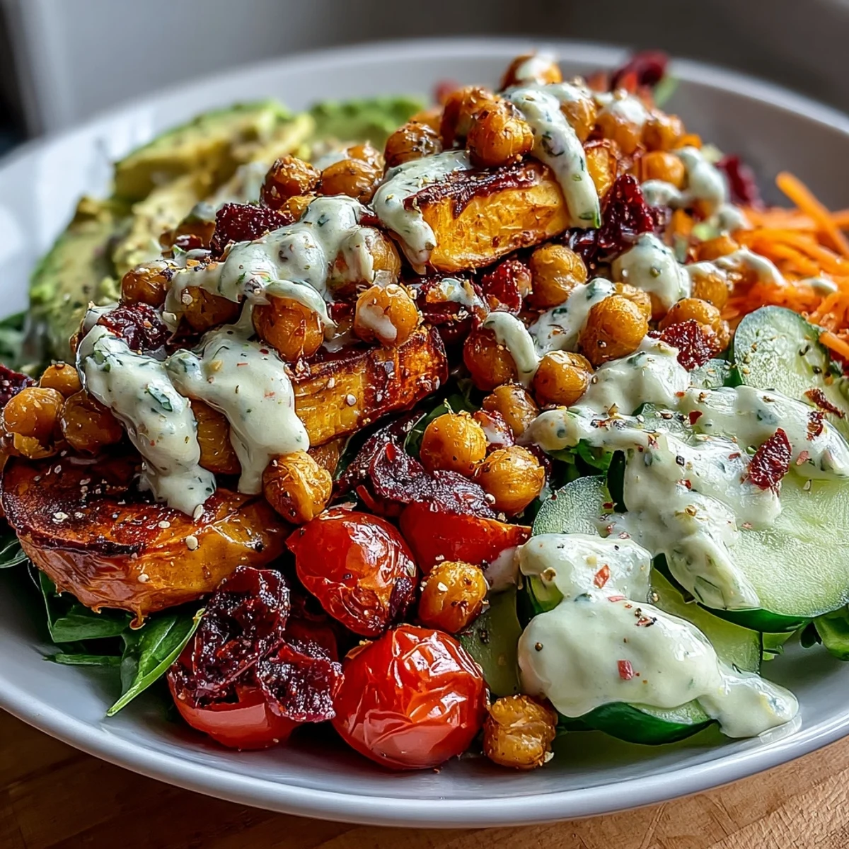 Colorful Breakfast Buddha Bowl loaded with fresh vegetables and crispy chickpeas.