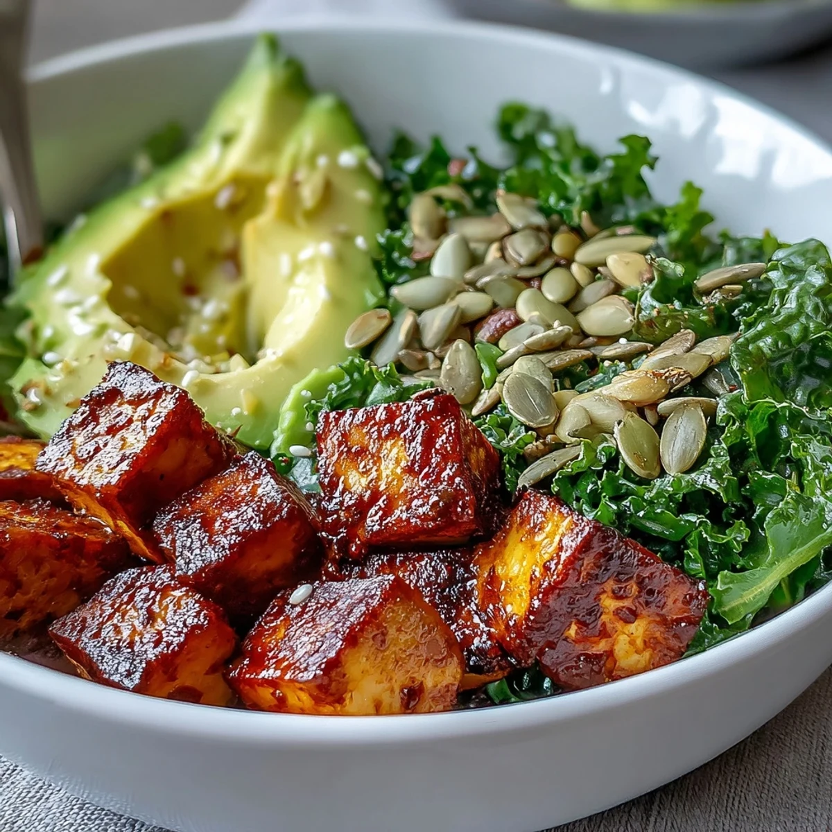 Vibrant Tofu Breakfast Bowl with creamy avocado and bright green kale.