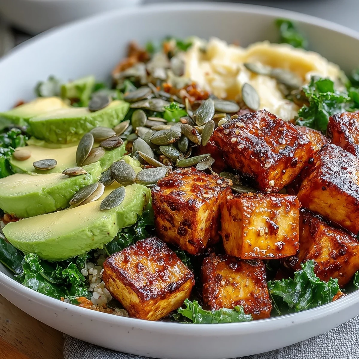 Golden tofu and kale breakfast bowl, perfect with citrus and avocado.