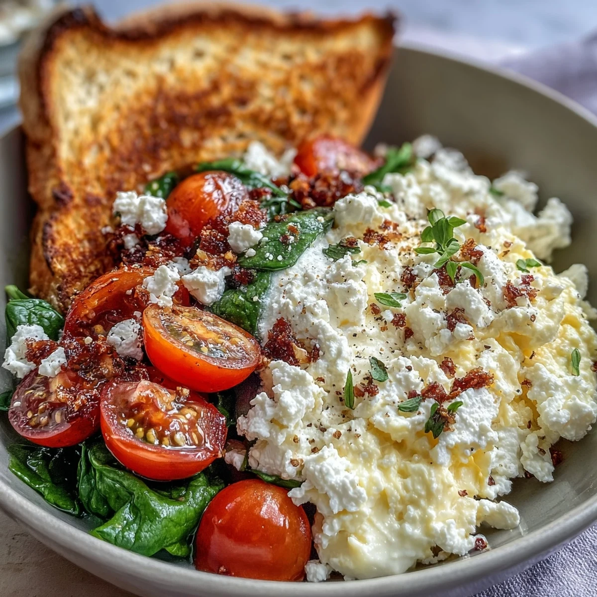 Vibrant spinach and feta breakfast bowl with fluffy eggs and ripe tomatoes.