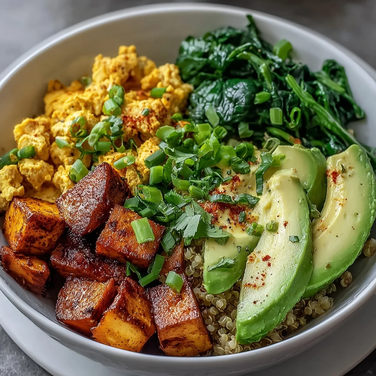 Golden tofu scramble with roasted sweet potatoes, spinach, and fluffy quinoa in a breakfast bowl.