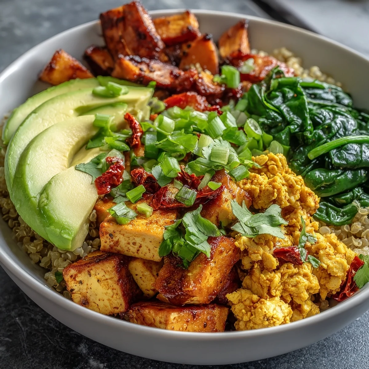 Sliced avocado and green onions top this hearty vegan Tofu Scramble Vegan Breakfast Bowl.